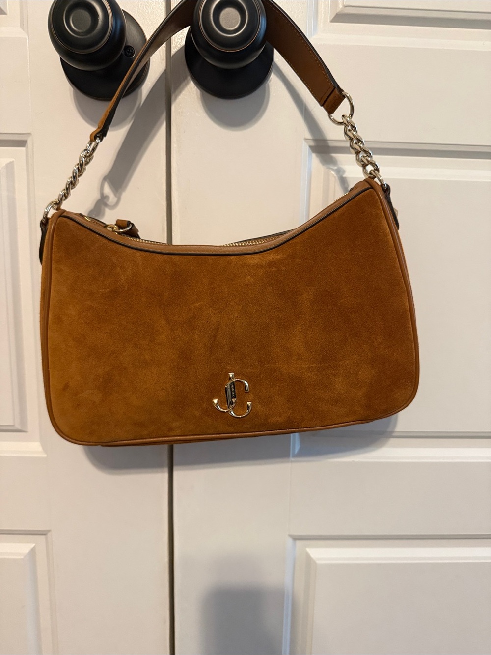Jimmy Choo Cognac Suede Shoulder Bag with Chain Detail